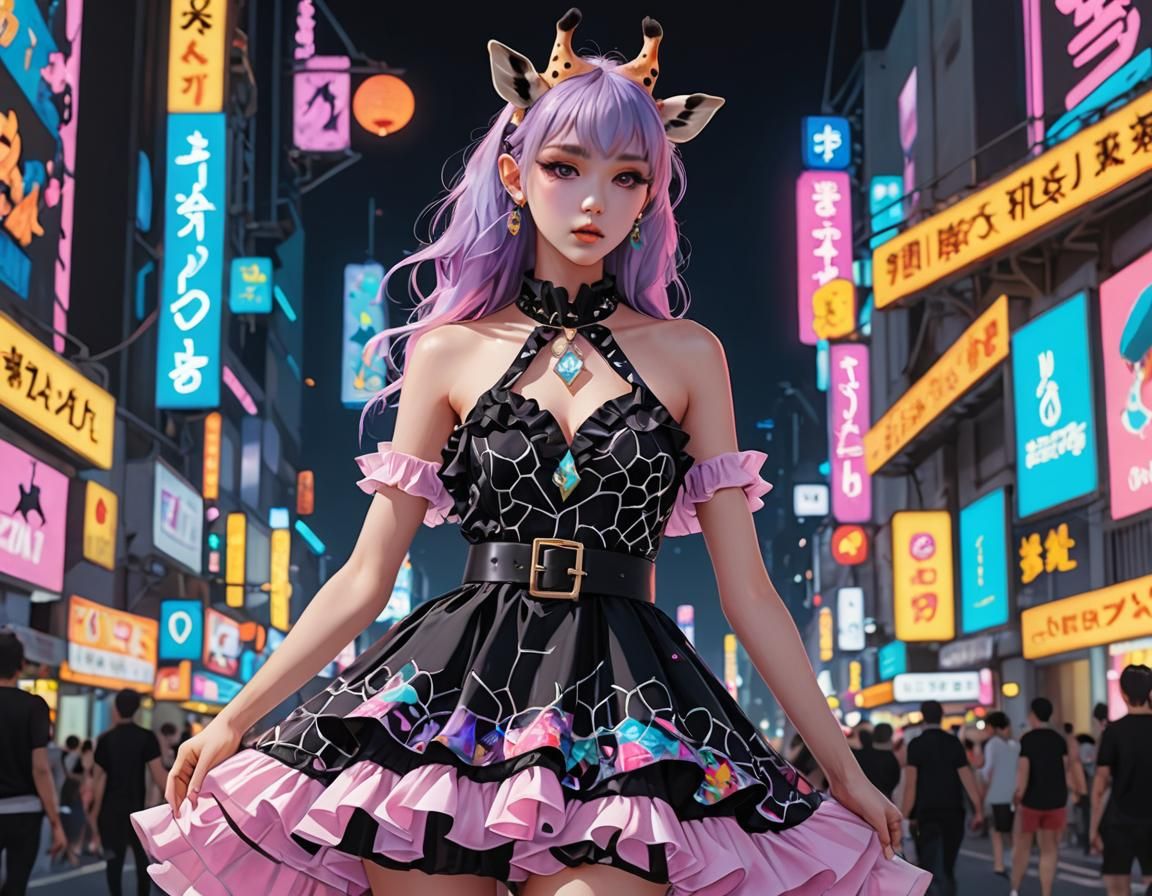 Pastel Goth Giraffe Dress in Anime Style