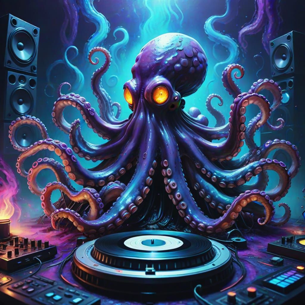 Octopus DJ in Surreal Dark Fantasy Room