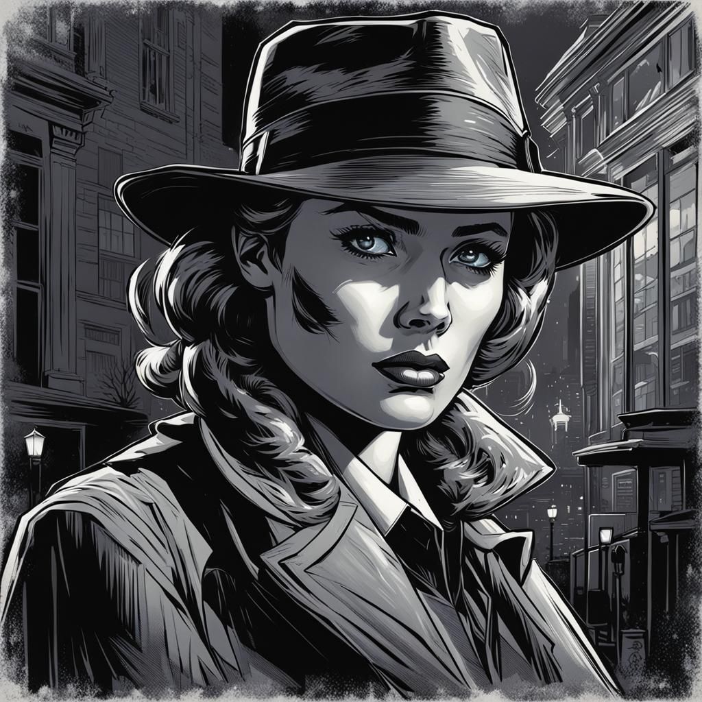 Noir Female Detective in Comic Book Art Style