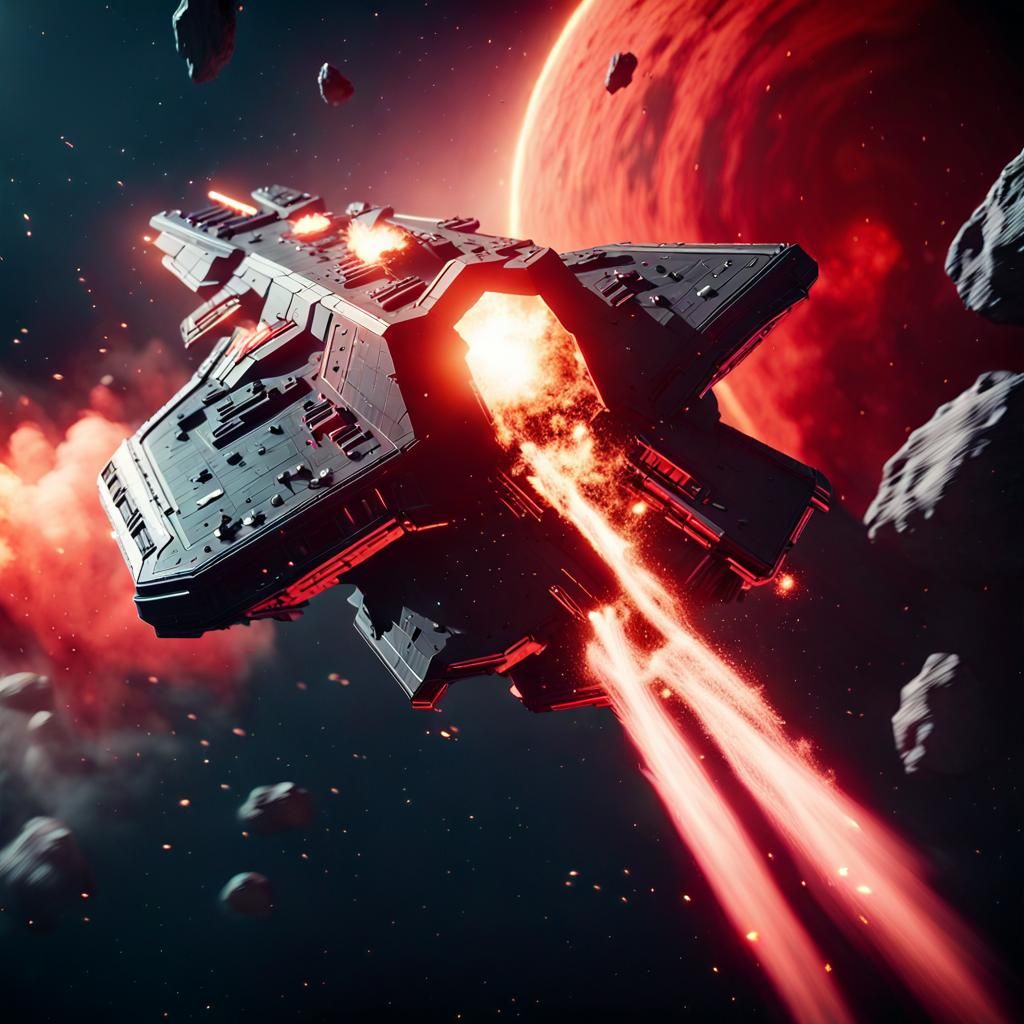 Starship Exploding After Asteroid Collision in Deep Space