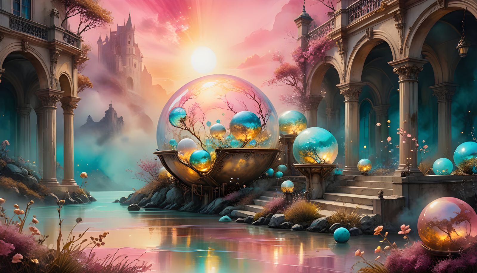 Neon Bioluminescent Orbs in Misty Spring Landscape