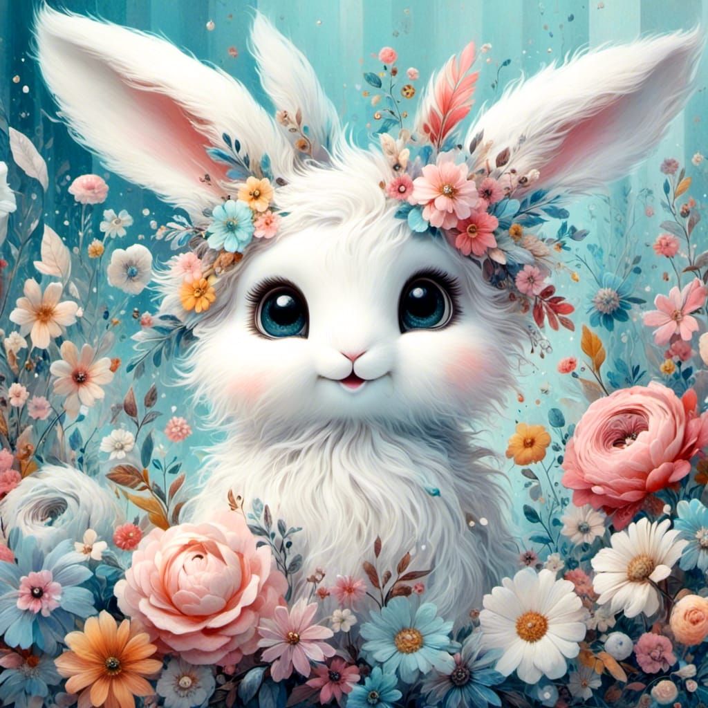 Whimsical 3D Watercolor of a Cute White Bunny