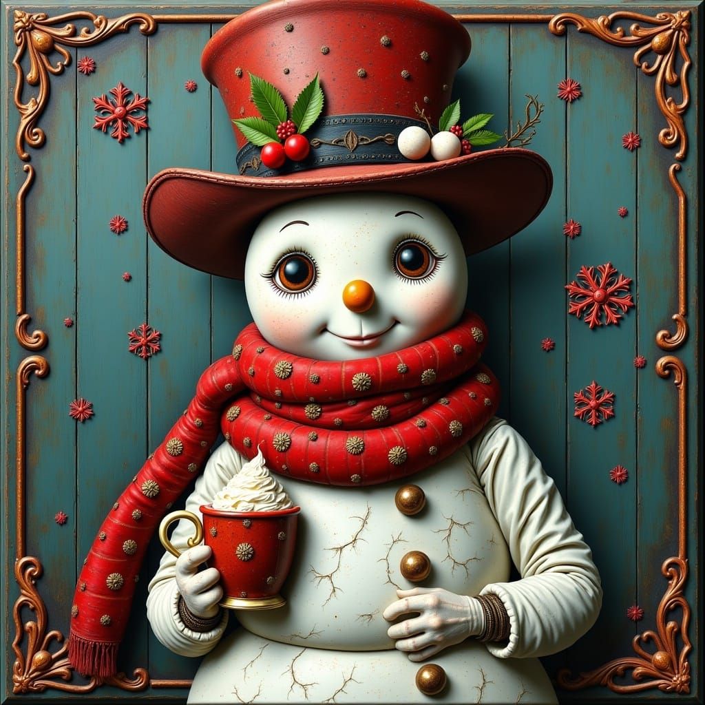 Surrealist Snowman in Rustic Wonderland