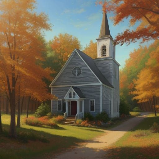 New England Town Church Steeple in Folk Art Style