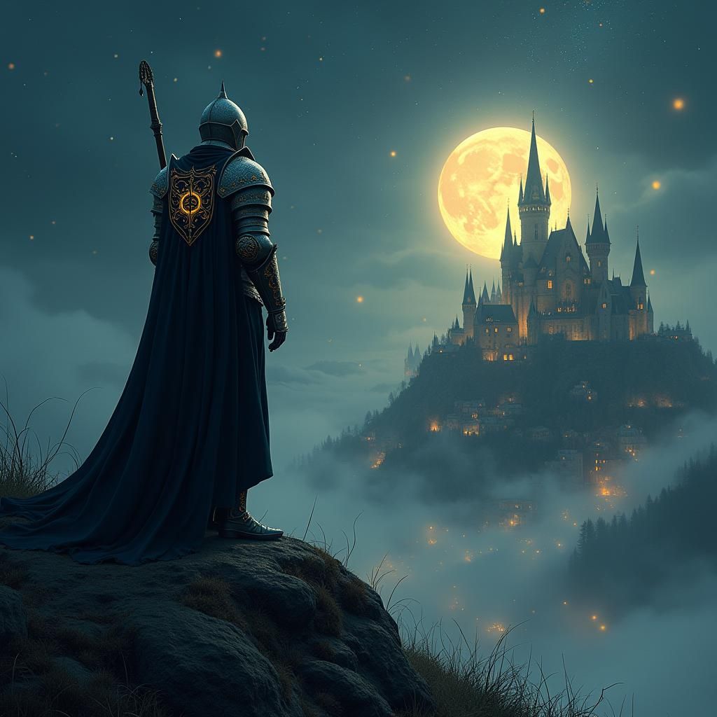 Knight Overlooking Moonlit Town in Dark Fantasy Art