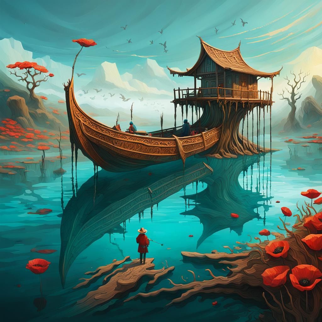 Floating Carved Wood Structure in Surreal Landscape