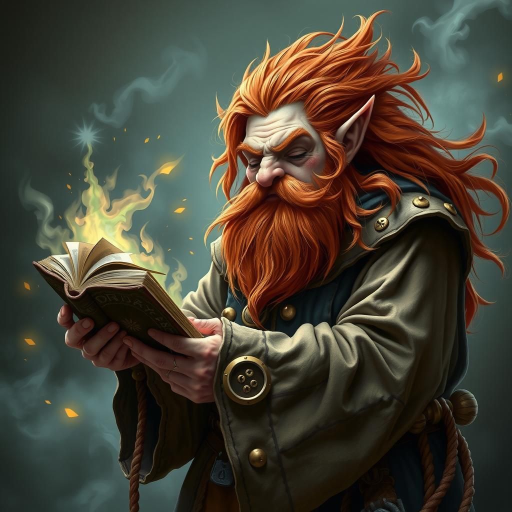 A dwarf wizard with long red hair and beard using a book as ...