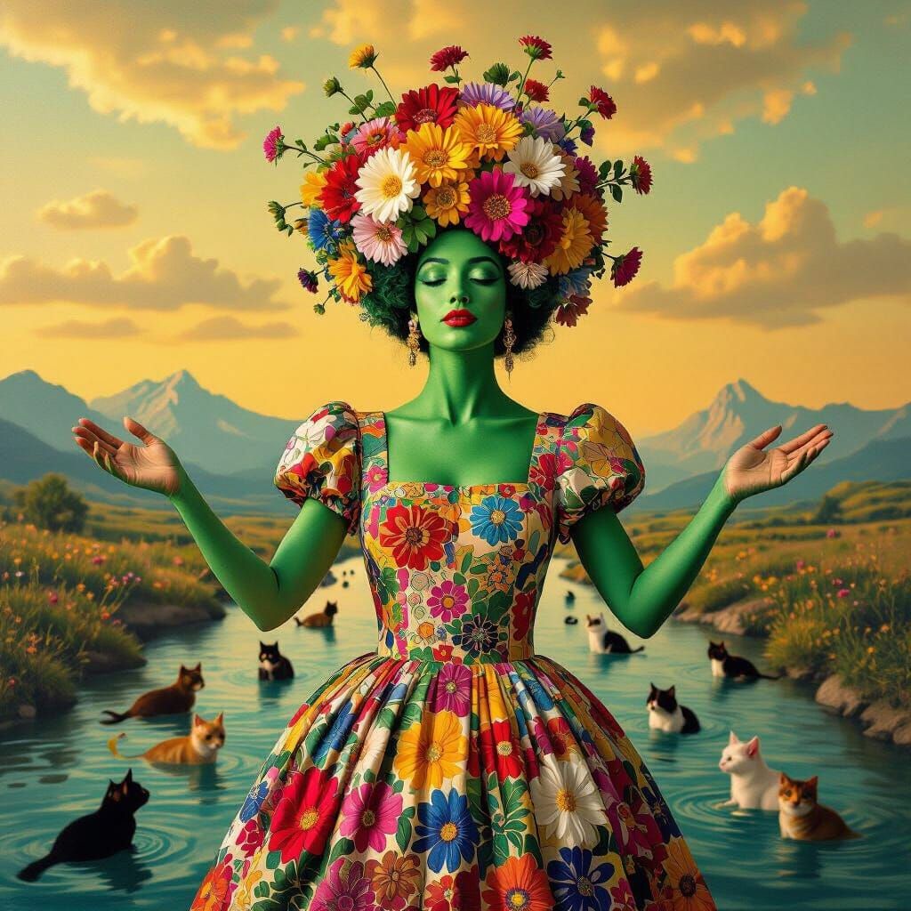 Surreal Woman with Flower Vase Hat and Winged Cats