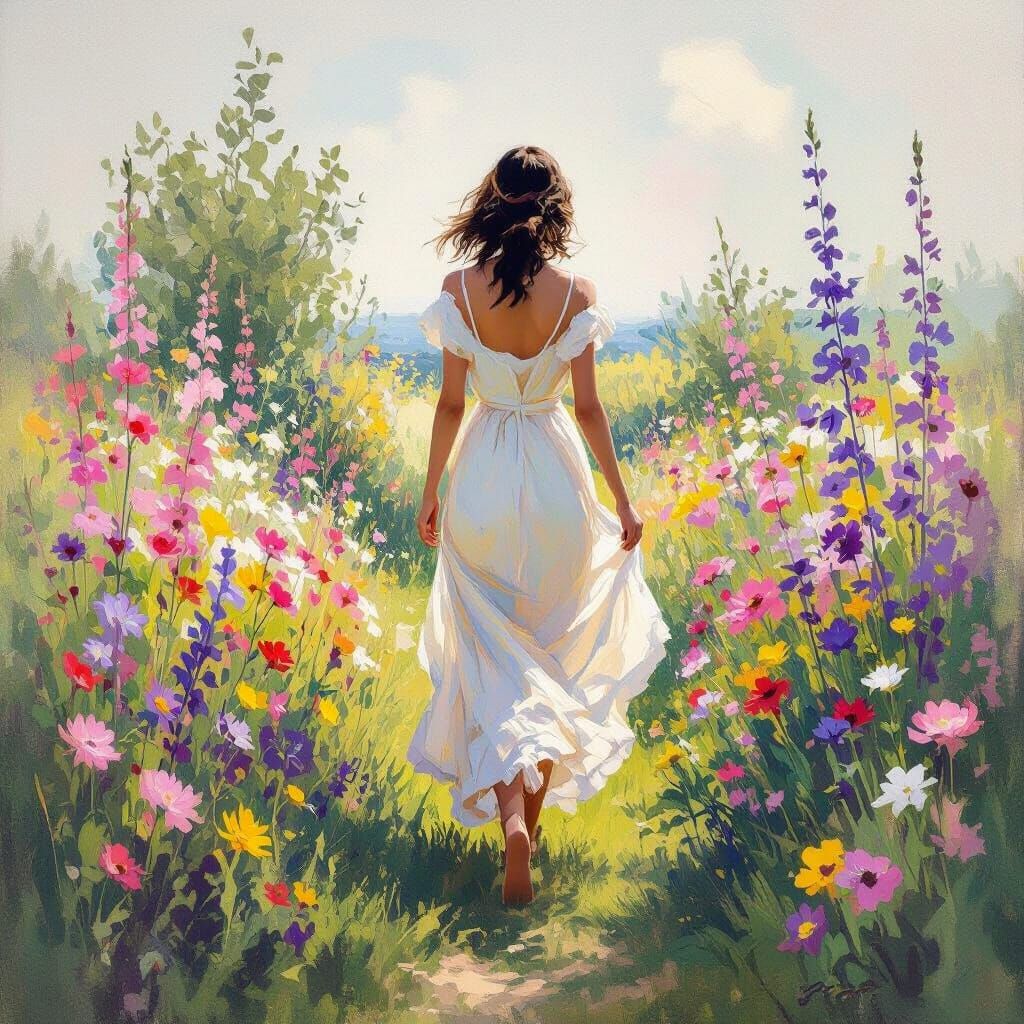 Impressionistic Garden With Woman in Flowing Dress