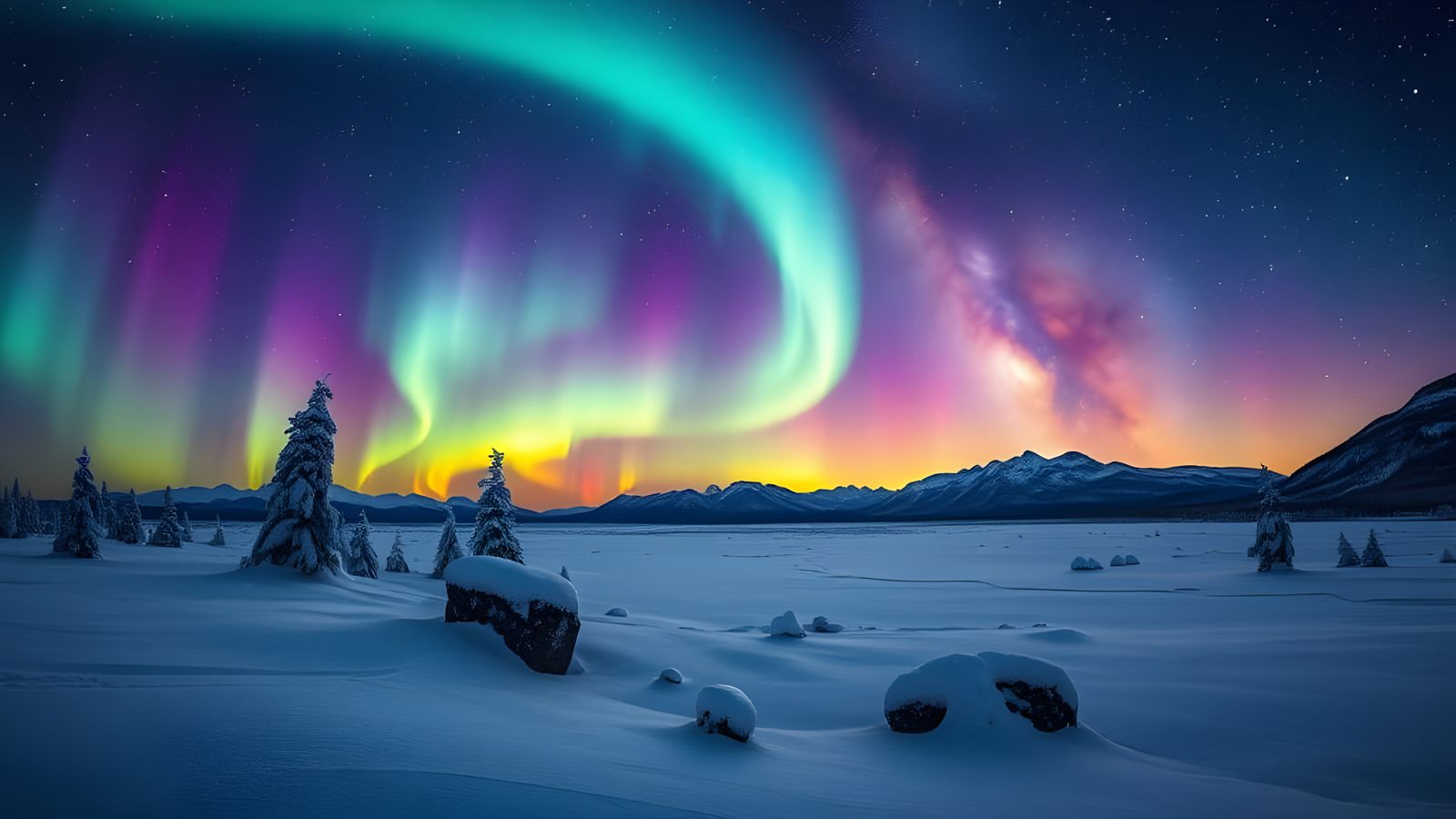 Northern Lights Dance Across Snowy Landscape in Vibrant Colo...