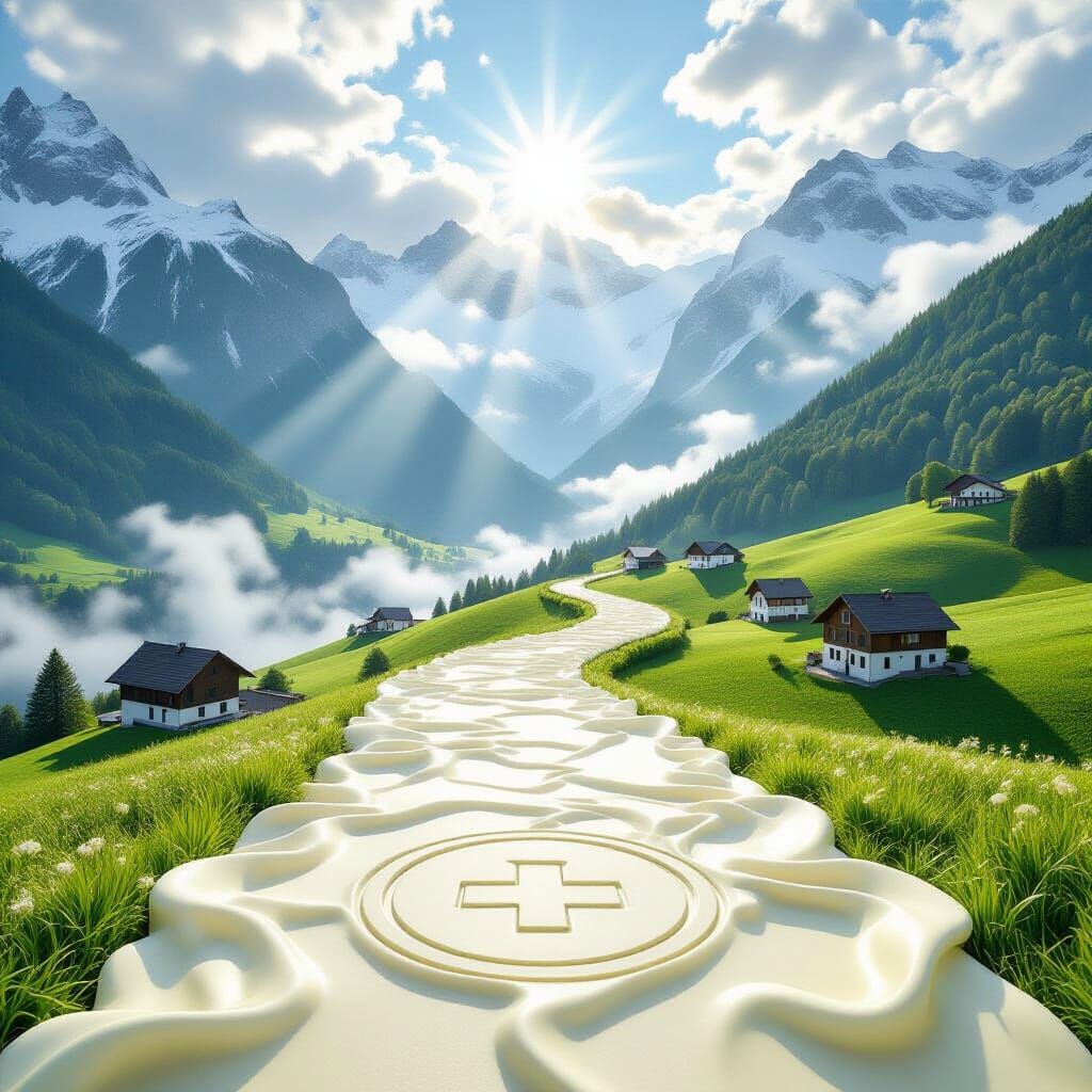Surreal Swiss Alps with Floating Farms and Chocolate Carpet