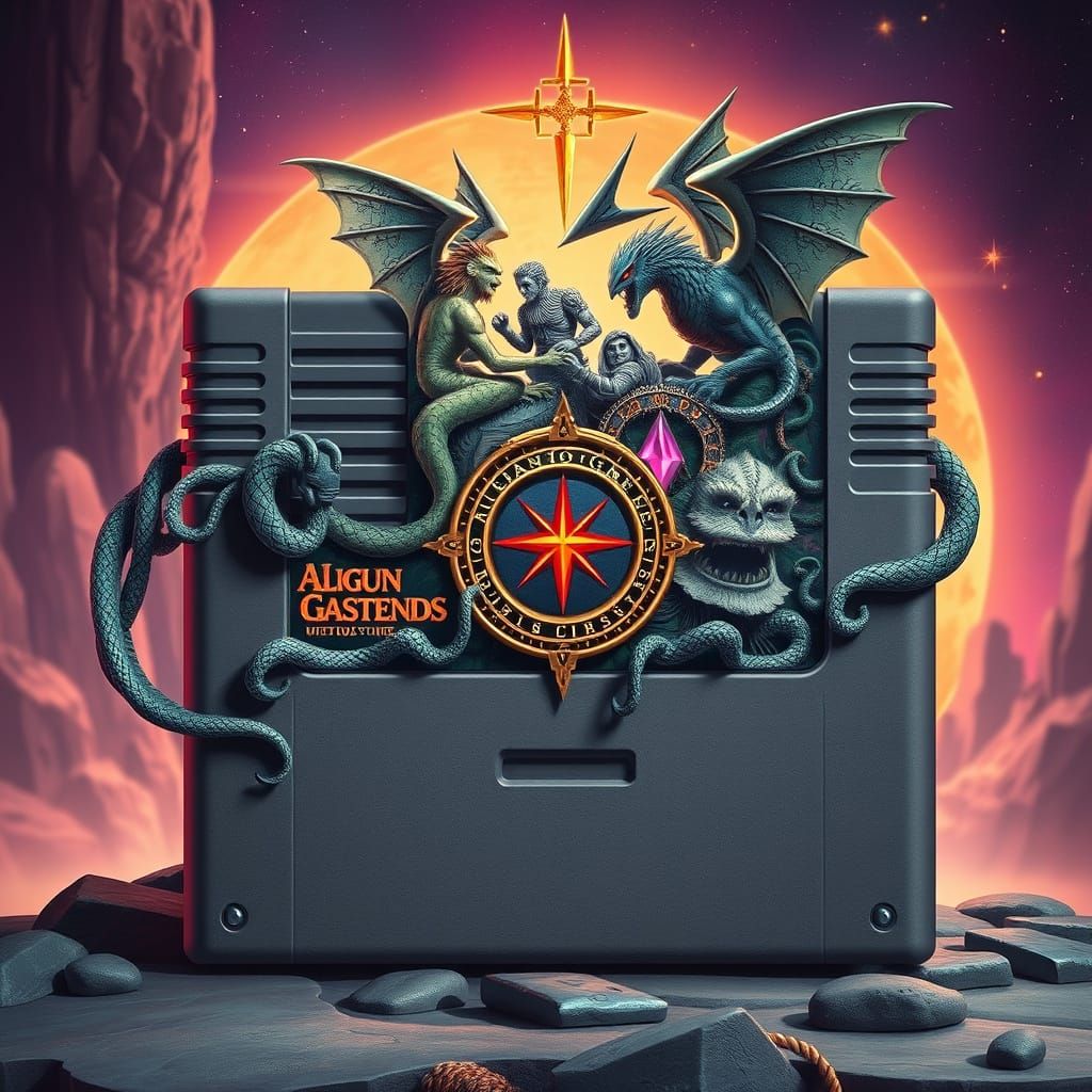 Mystical Creatures Adorn Retro Game Cartridge