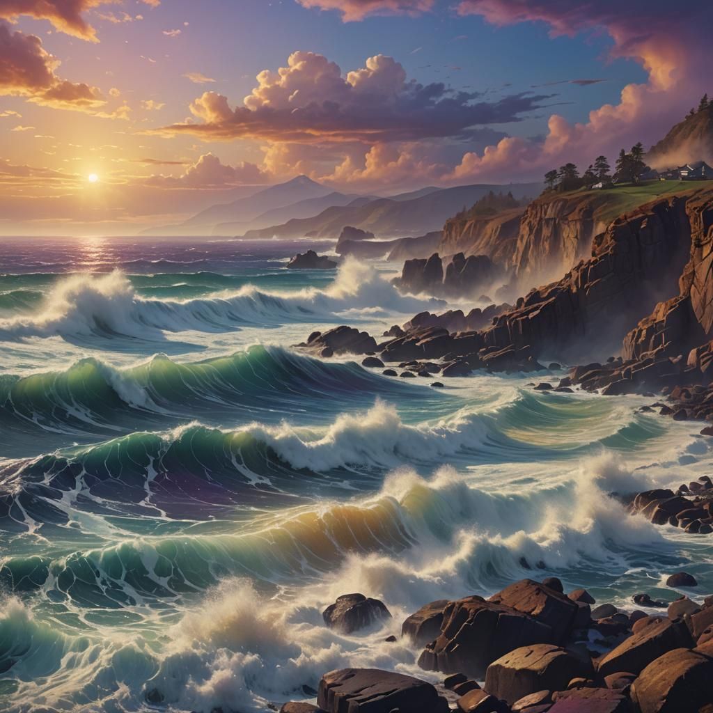 Crashing Waves on Rocky Coastline in Symbolist Style