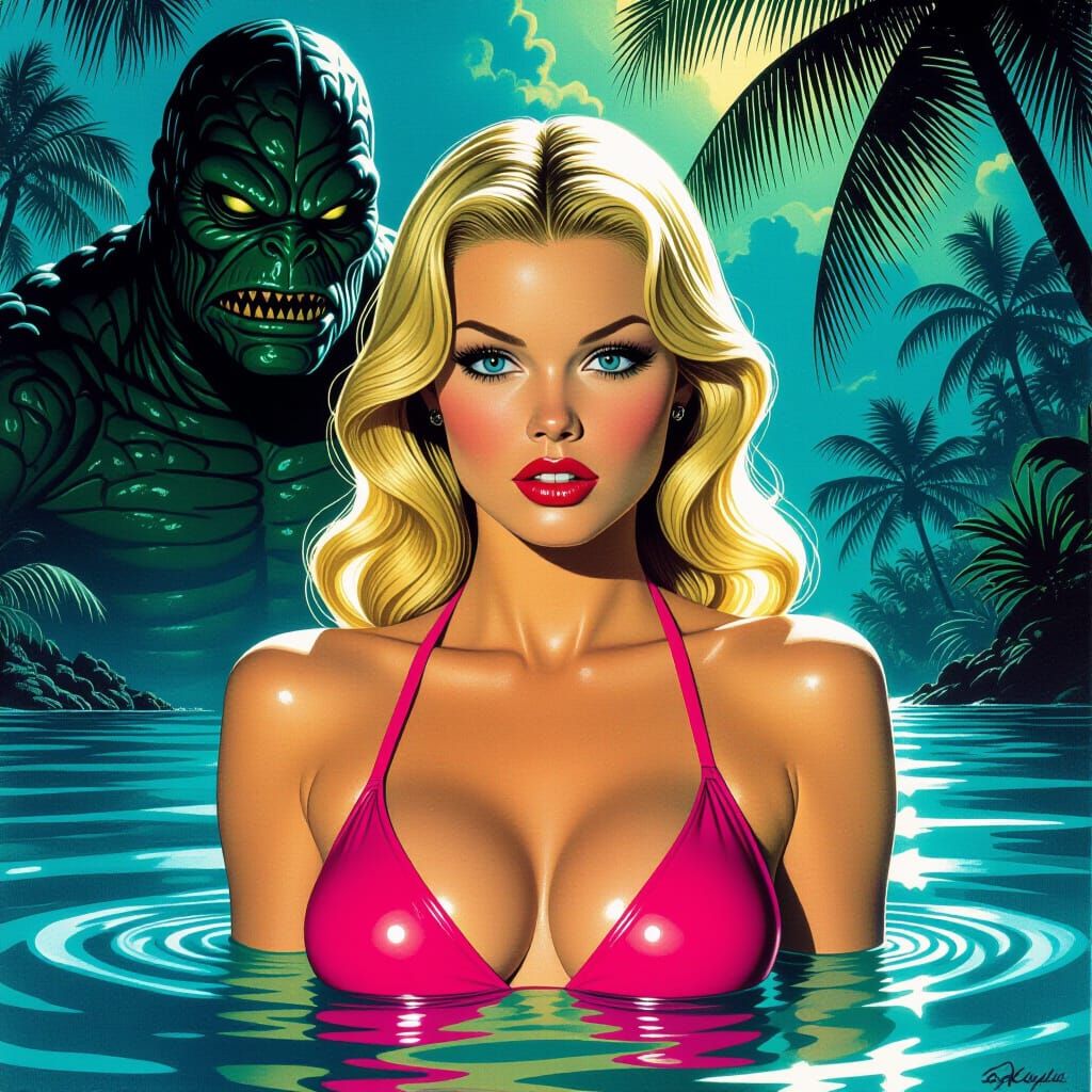 Blonde Woman and Creature in Gothic Horror Style