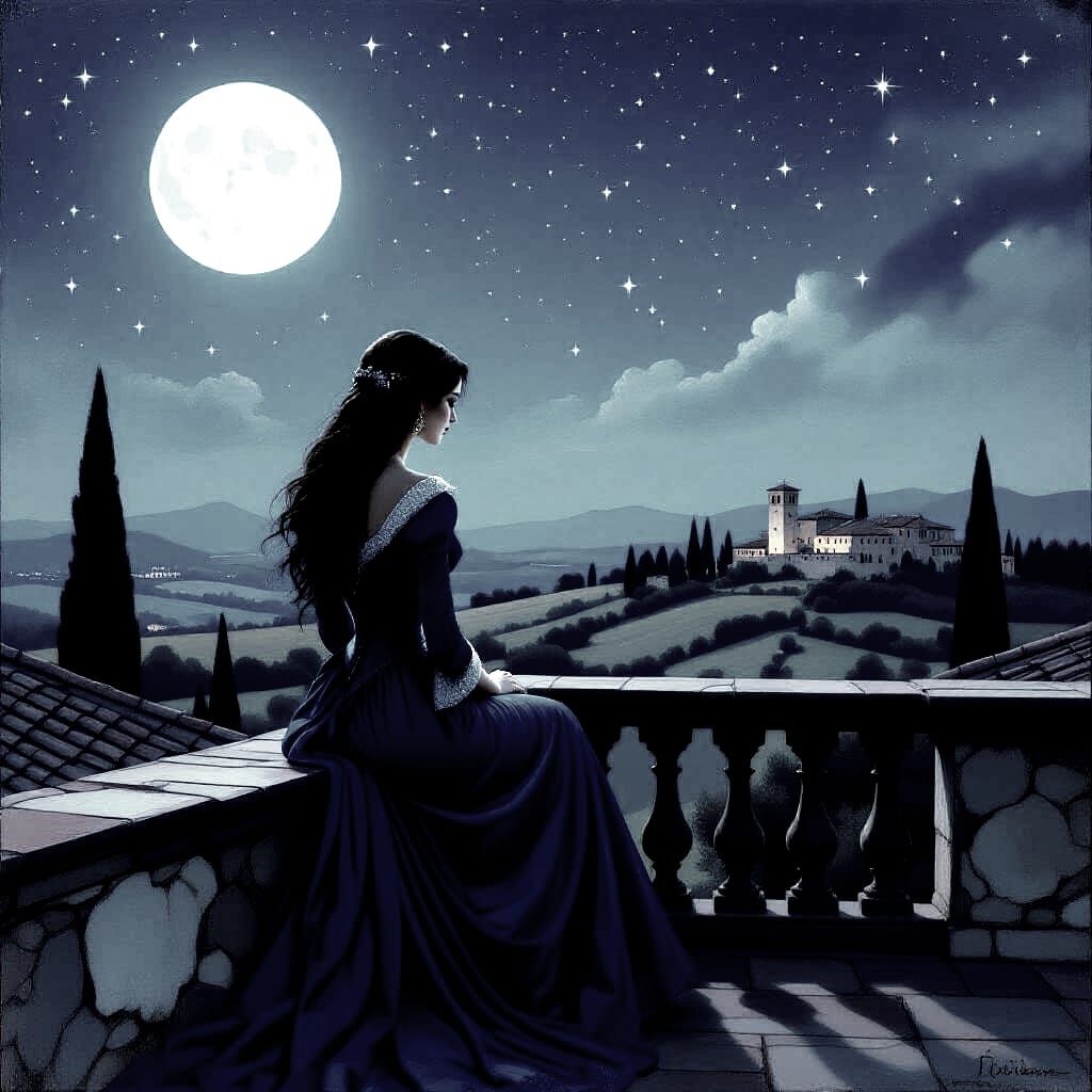 Medieval Woman Awaits Lover on Villa Rooftop at Midnight