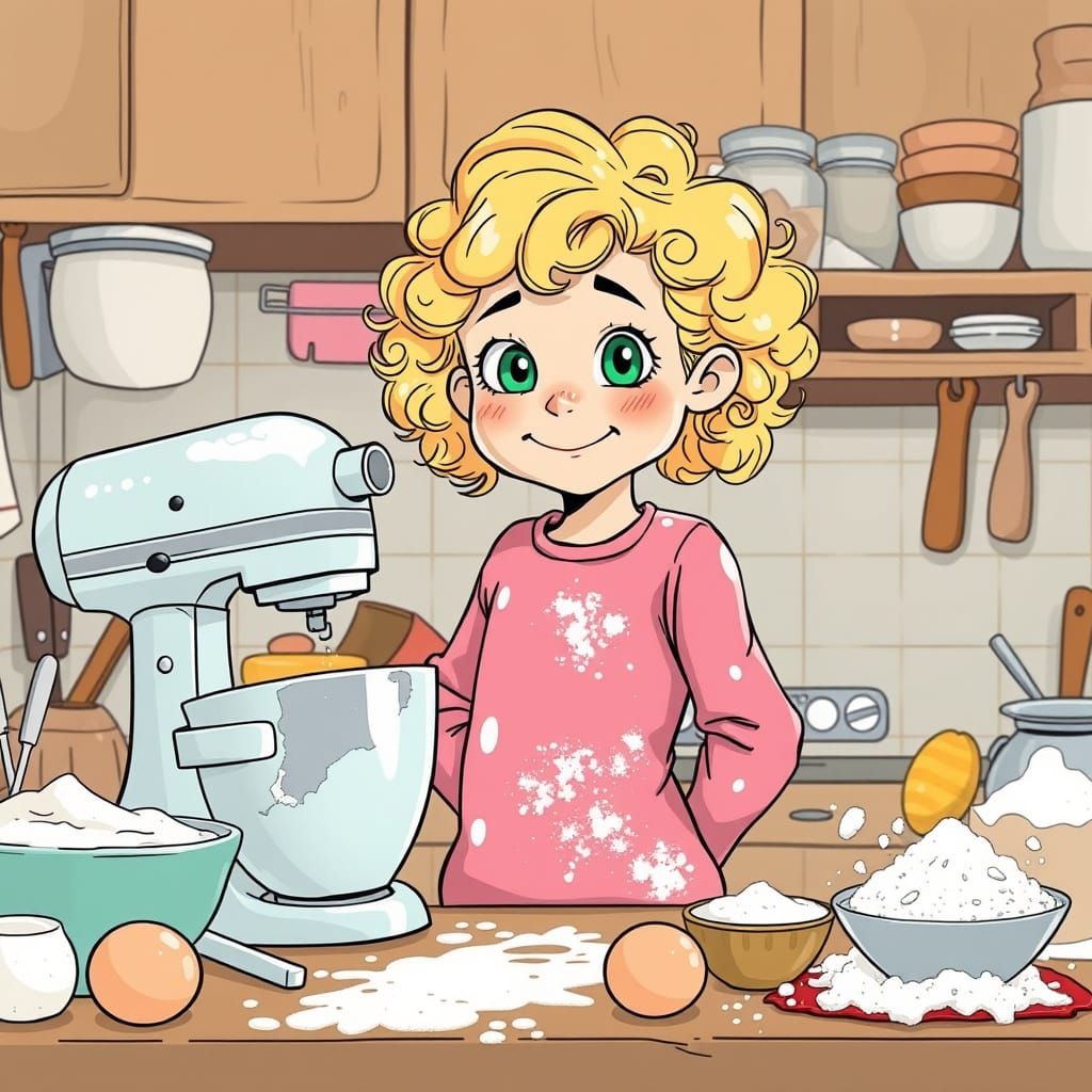 Girl in Kitchen Chaos, Whimsical Digital Art