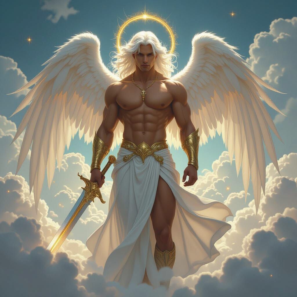 Ethereal Angel with Sword in Cloudy Landscape