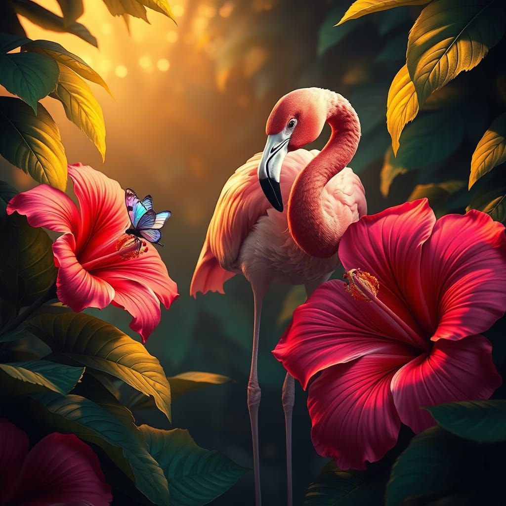Surreal Pink Jungle Scene with Flamingo and Butterfly