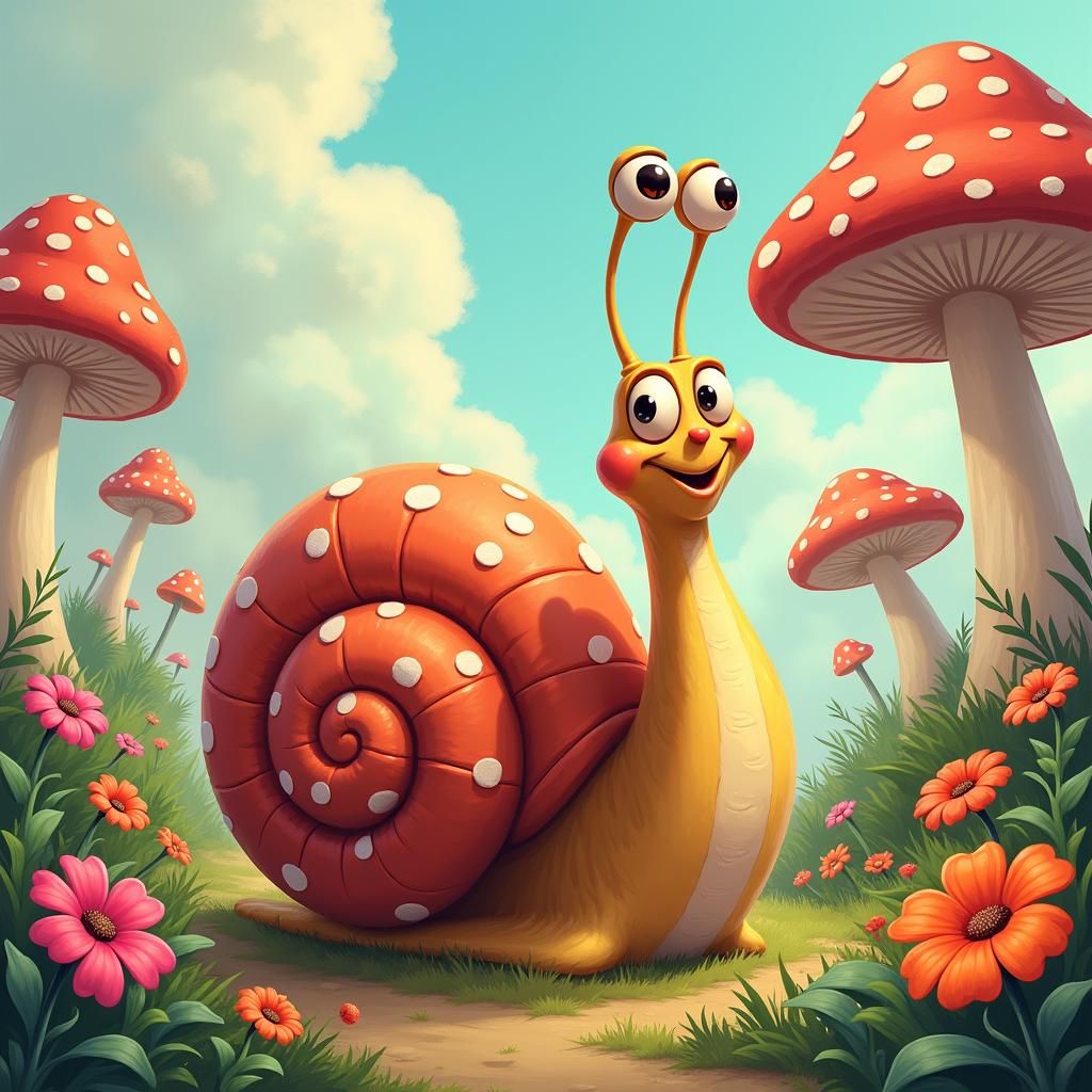 Playful Snail in Whimsical Garden: Disney Animation Style