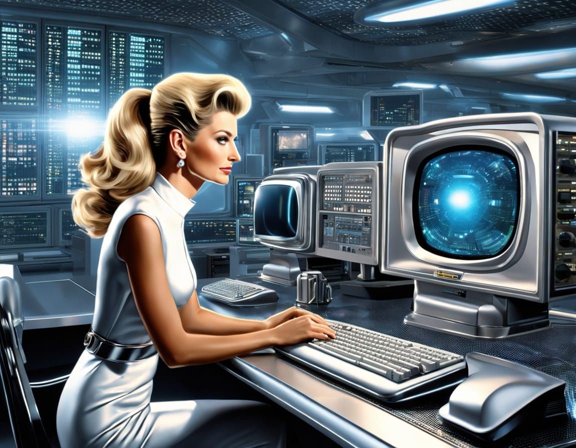 Retro Sci-Fi Lab Scene with Woman in Silver Jumpsuit