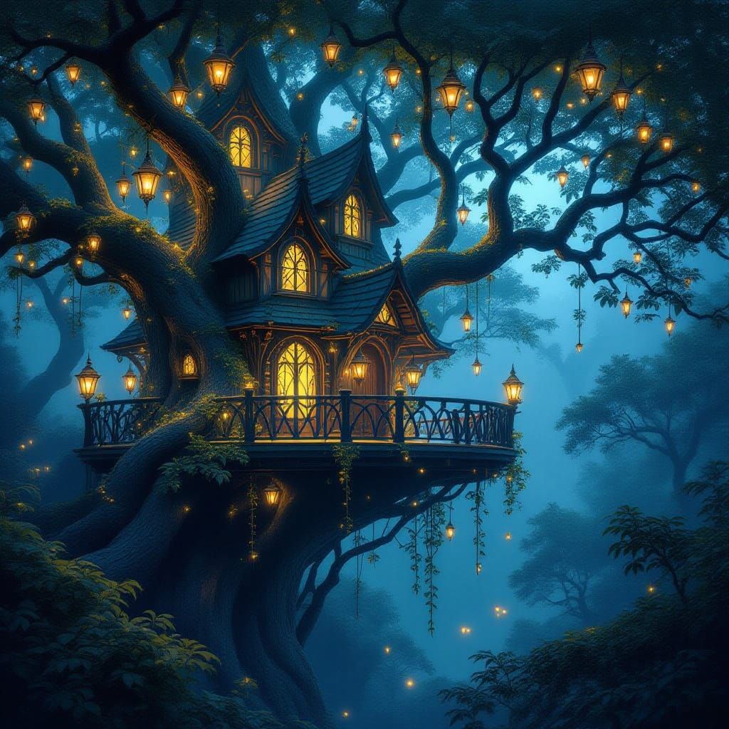 Ethereal Elvish Treehouse in Mystical Forest