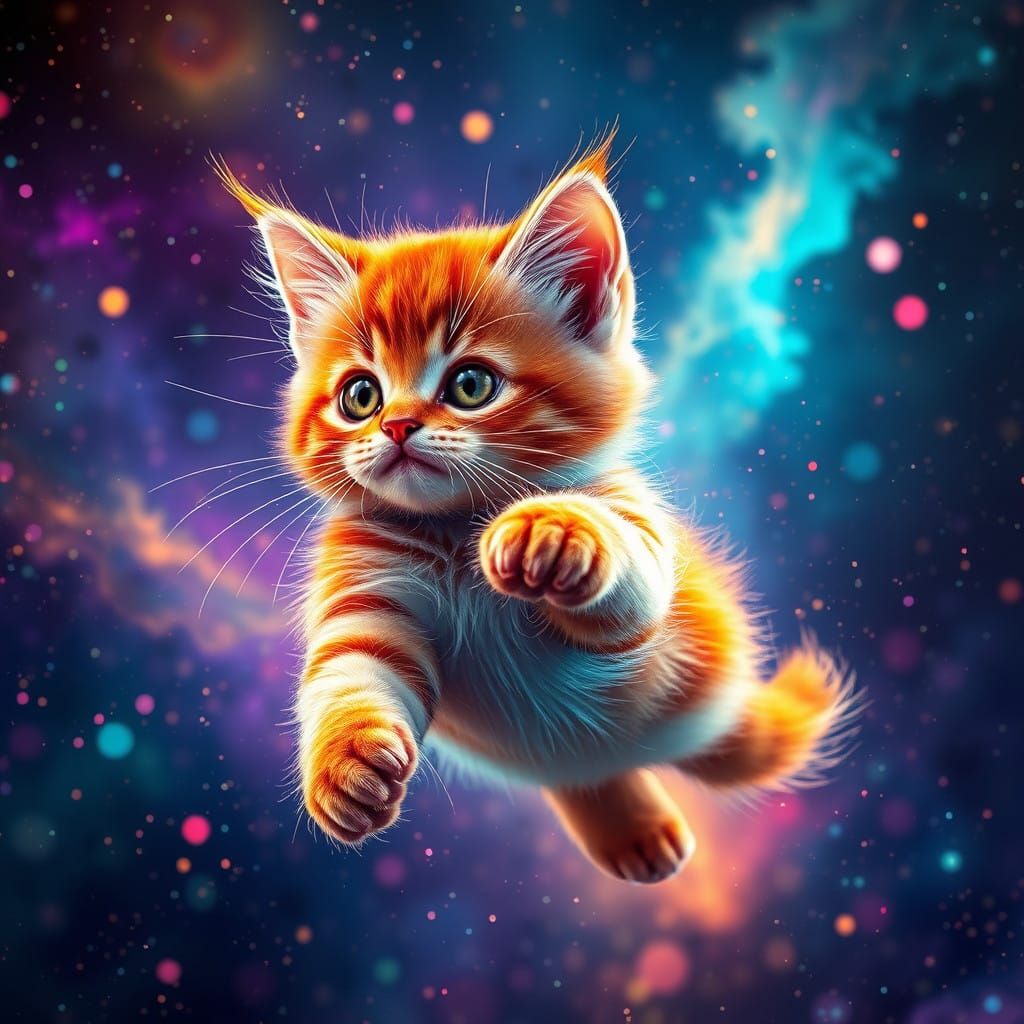 Kitty Amidst Celestial Wonders in Realistic, Fantasy-Inspire...