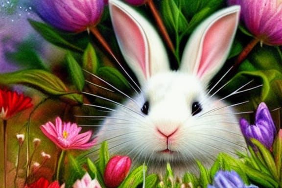 White Rabbit in Floral Basket: Pastel Watercolor Painting