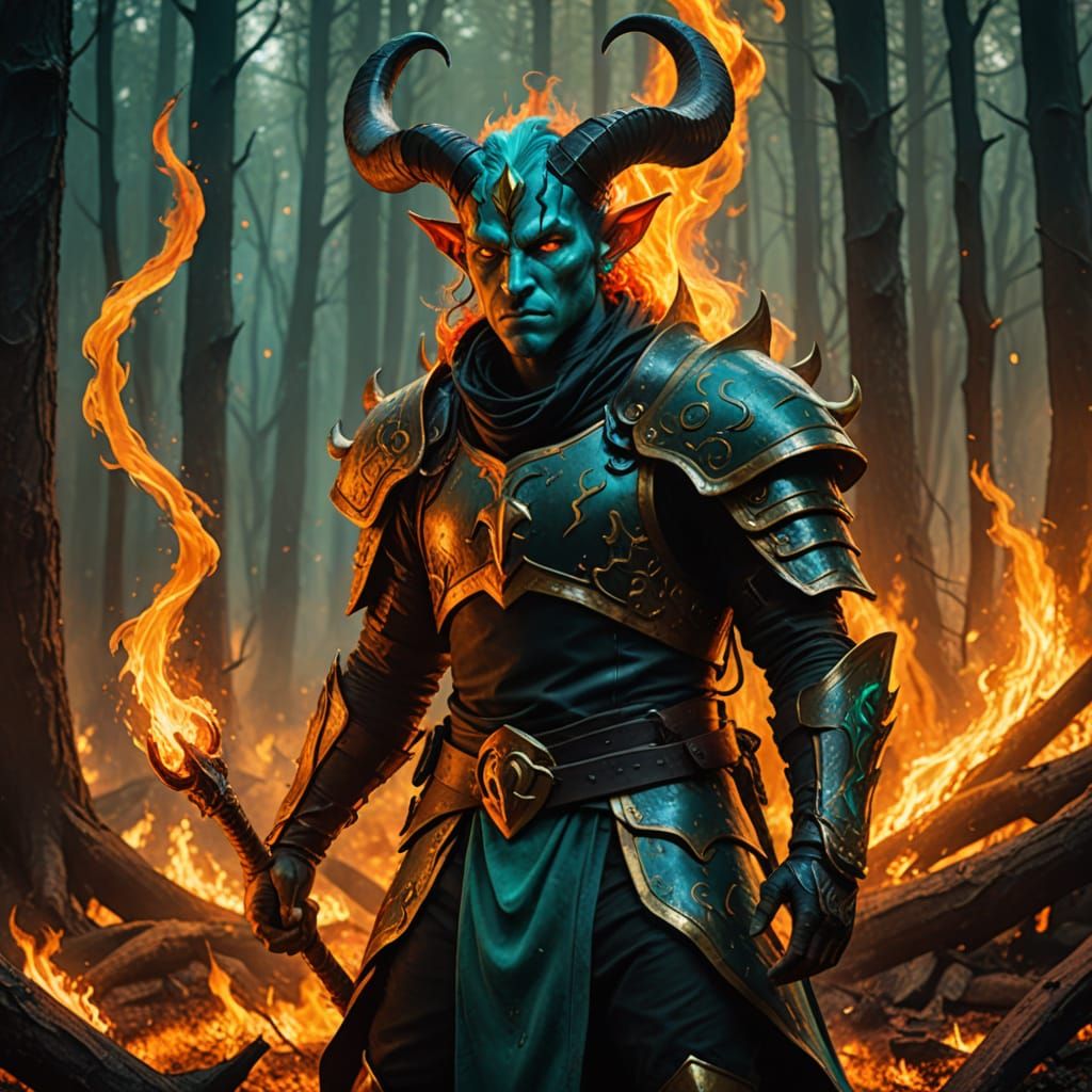 Epic Fantasy Tiefling Warrior in Fiery Forest