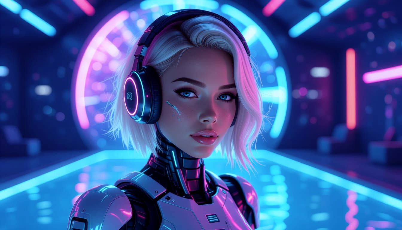 Neon Cyborg Woman in Futuristic Cosmic Setting