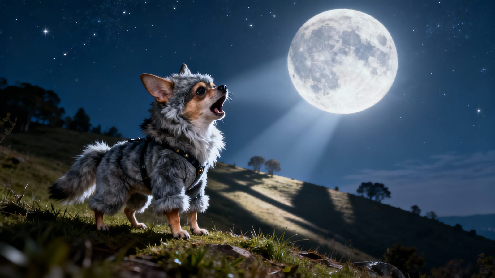 Chihuahua in Wolf Costume Howling at Full Moon