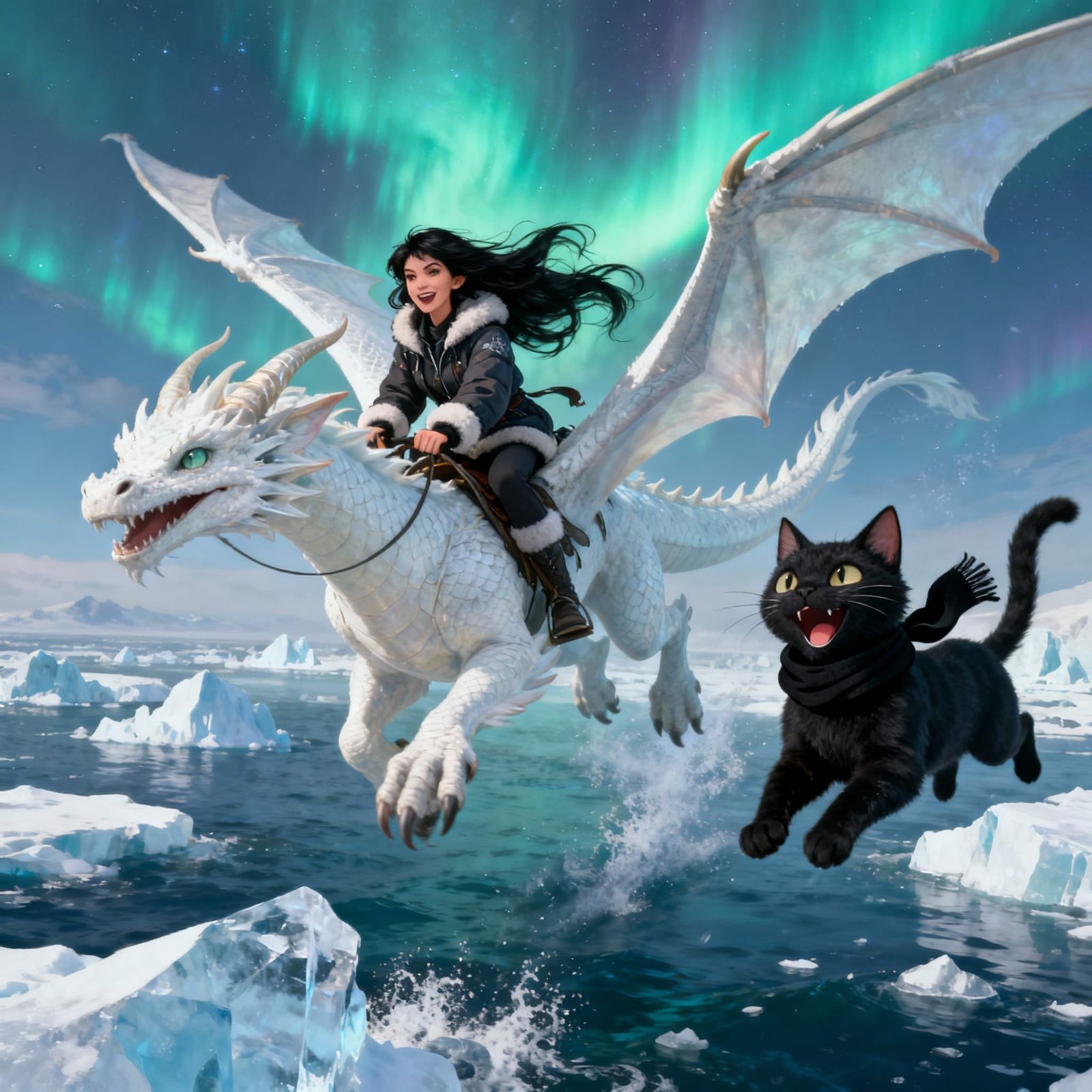 Woman Rides Dragon Over Icebergs Under Aurora