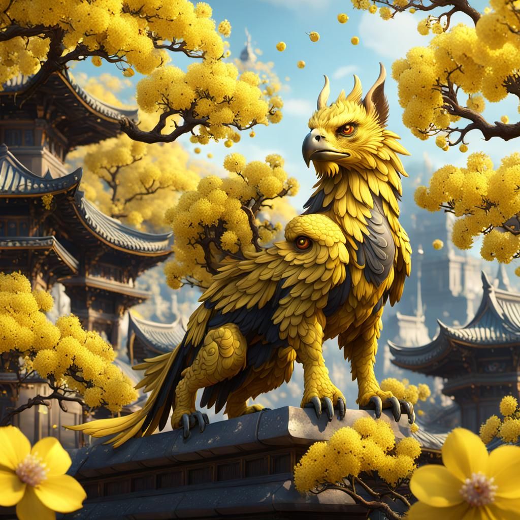 Fantastical Griffin in Yellow Cherry Blossoms