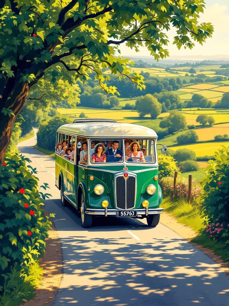 Nostalgic English Coach Tour in Pop Art Style
