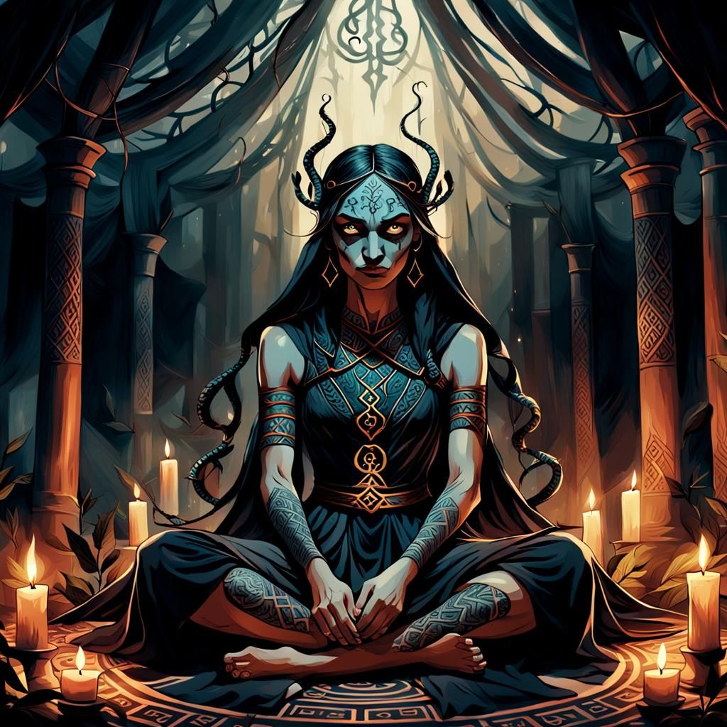 Oracle in Mystical Tent, Dark Fantasy Illustration