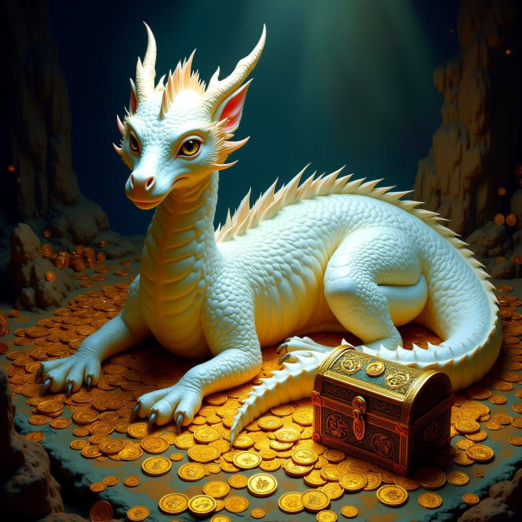 Majestic White Dragon Guarding Treasure Hoard