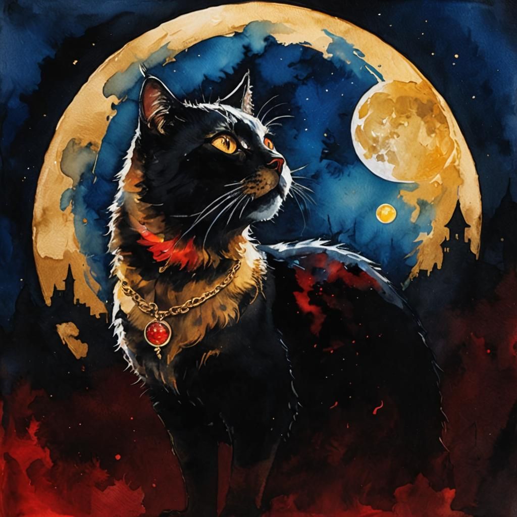 Witch's Cat Familiar Under a Red Moon