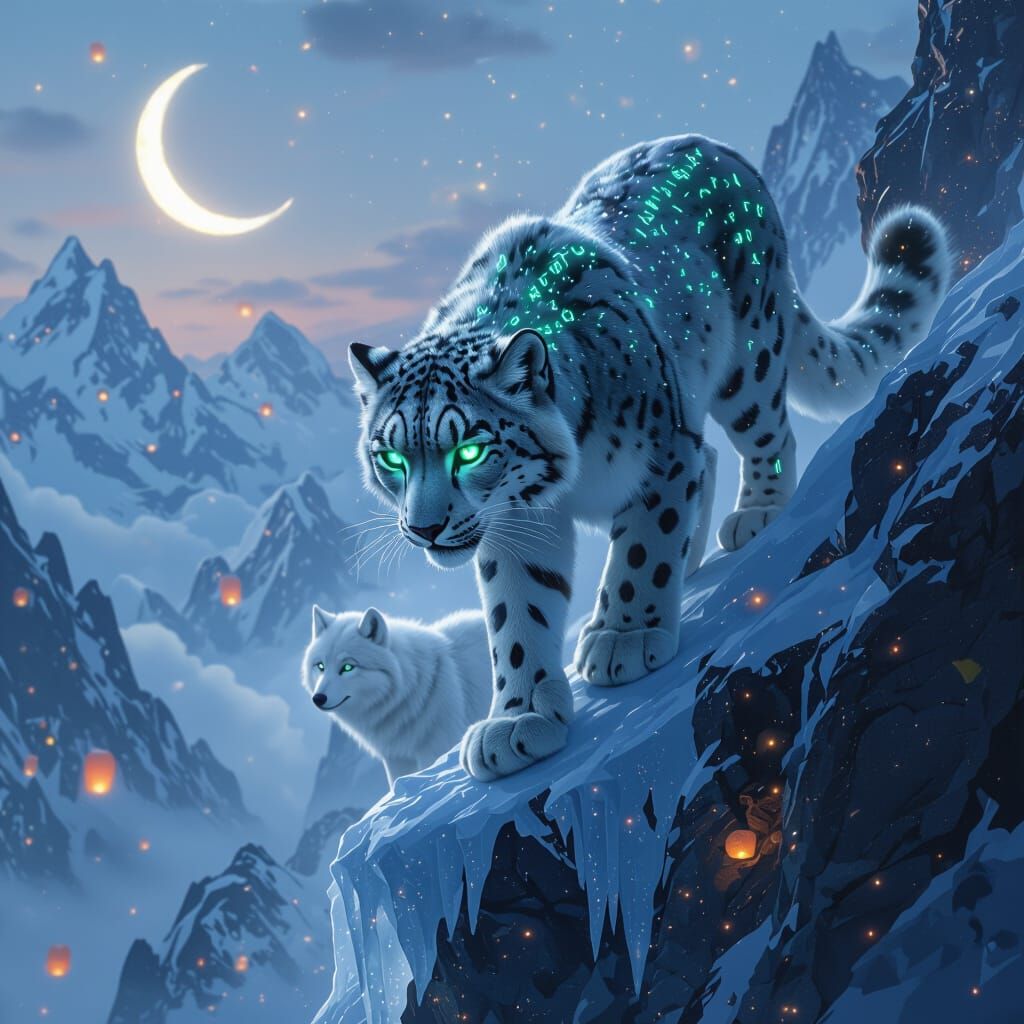 Spectral Snow Leopard Descends Misty Cliff at Twilight