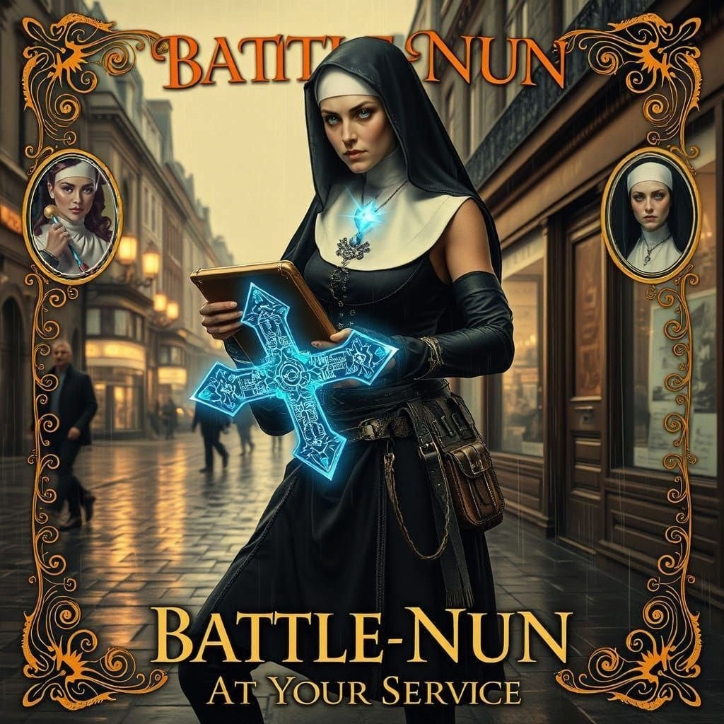 Surreal Battle-Nun in Victorian London Lithograph Style