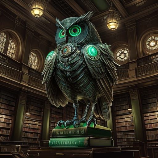 Sentient Clockwork Owl Perches on Books in Vintage Library