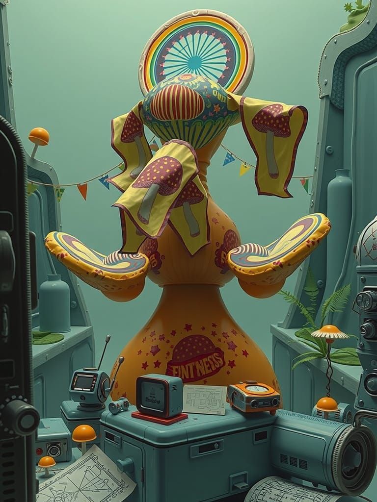 Surrealistic Muralled Mushroom Landscape with Whimsical Indu...