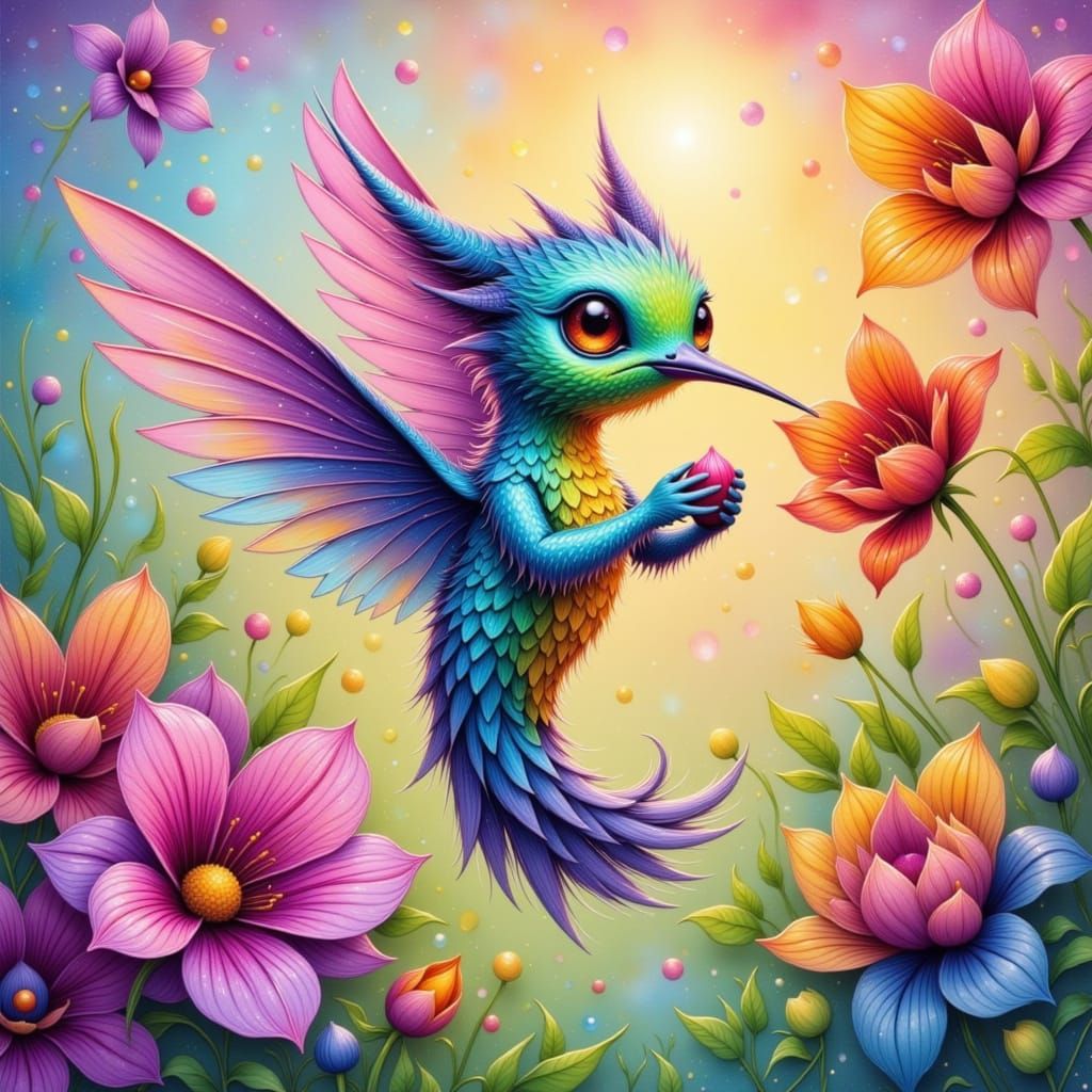 Whimsical Alien Dragon-Hummingbird Sip Nectar Art