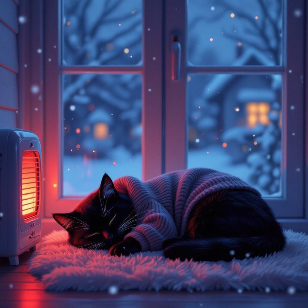 Cozy Black Cat Asleep on Porch in Matte Painting