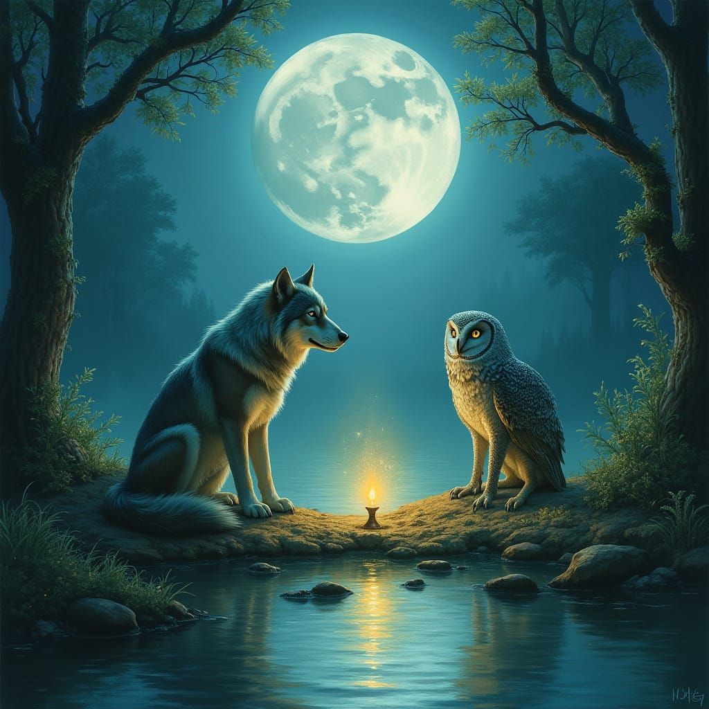 Moonlit Wiccan Ceremony with Wolf, Owl, and Nymph