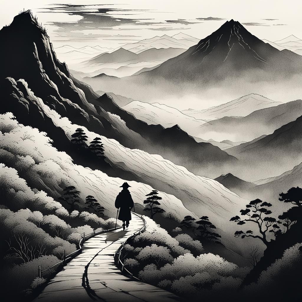 Monochrome Japanese Ink Landscape with Traveler