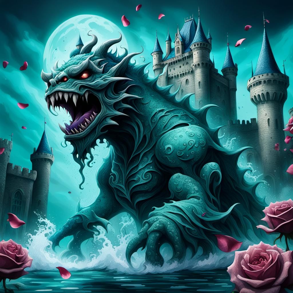 Grotesque Castle Monster Emerges from Teal Wave