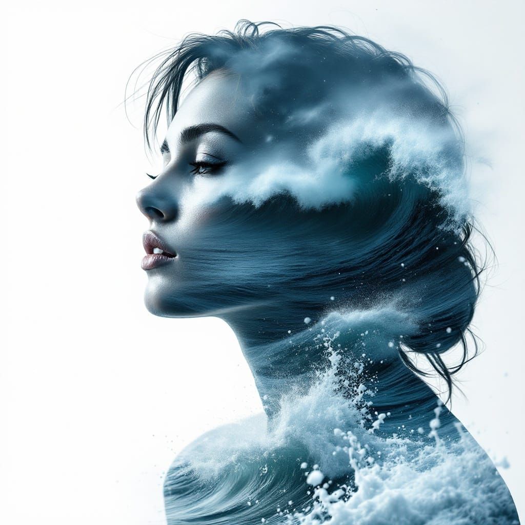 Surreal Double Exposure Artwork of Stormy Sea and Female Hea...