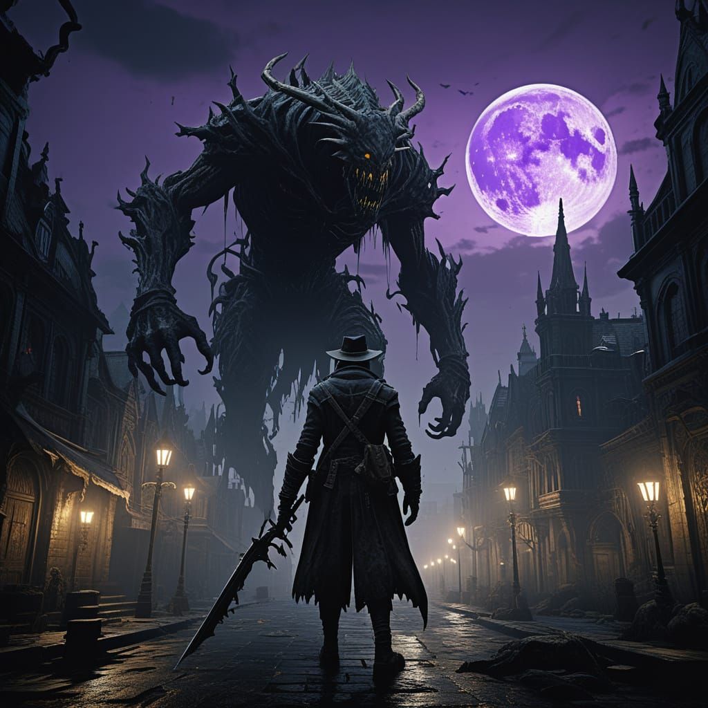 Bloodborne Hunter in Yharnam vs. the Beast Dark Fantasy Art