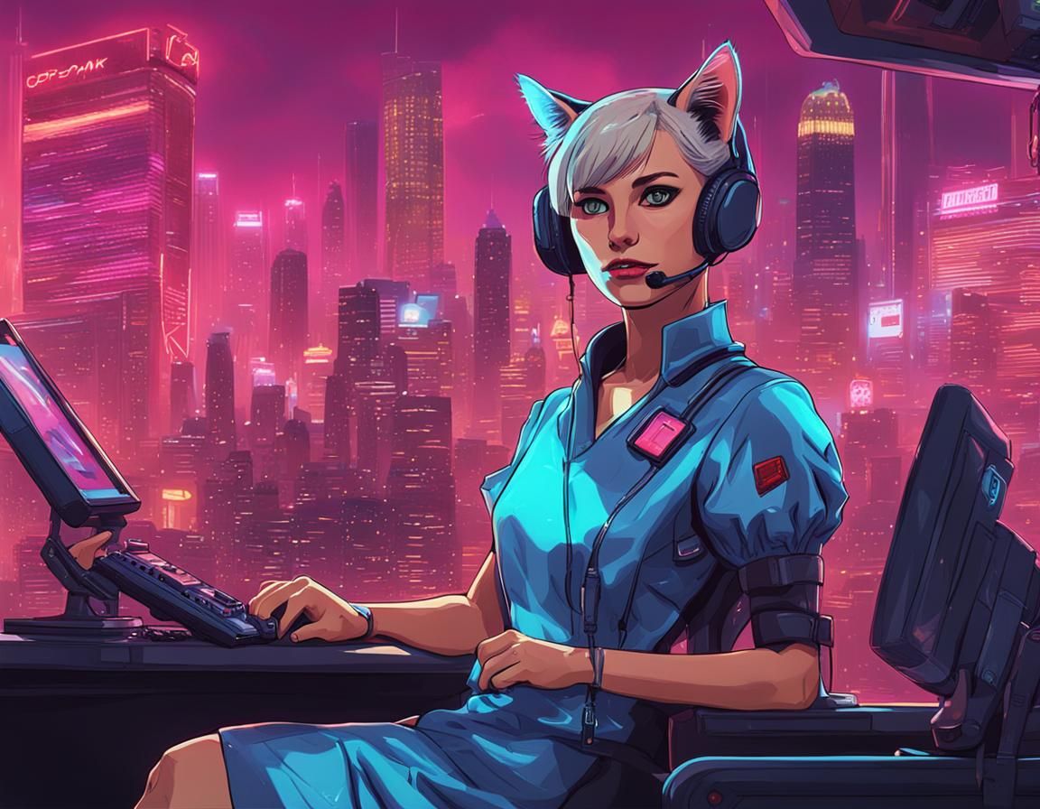 Cyberpunk Cat News Reporter in Neon City