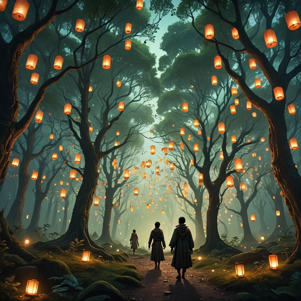 Mystical Forest: Lanterns Light Up the Night