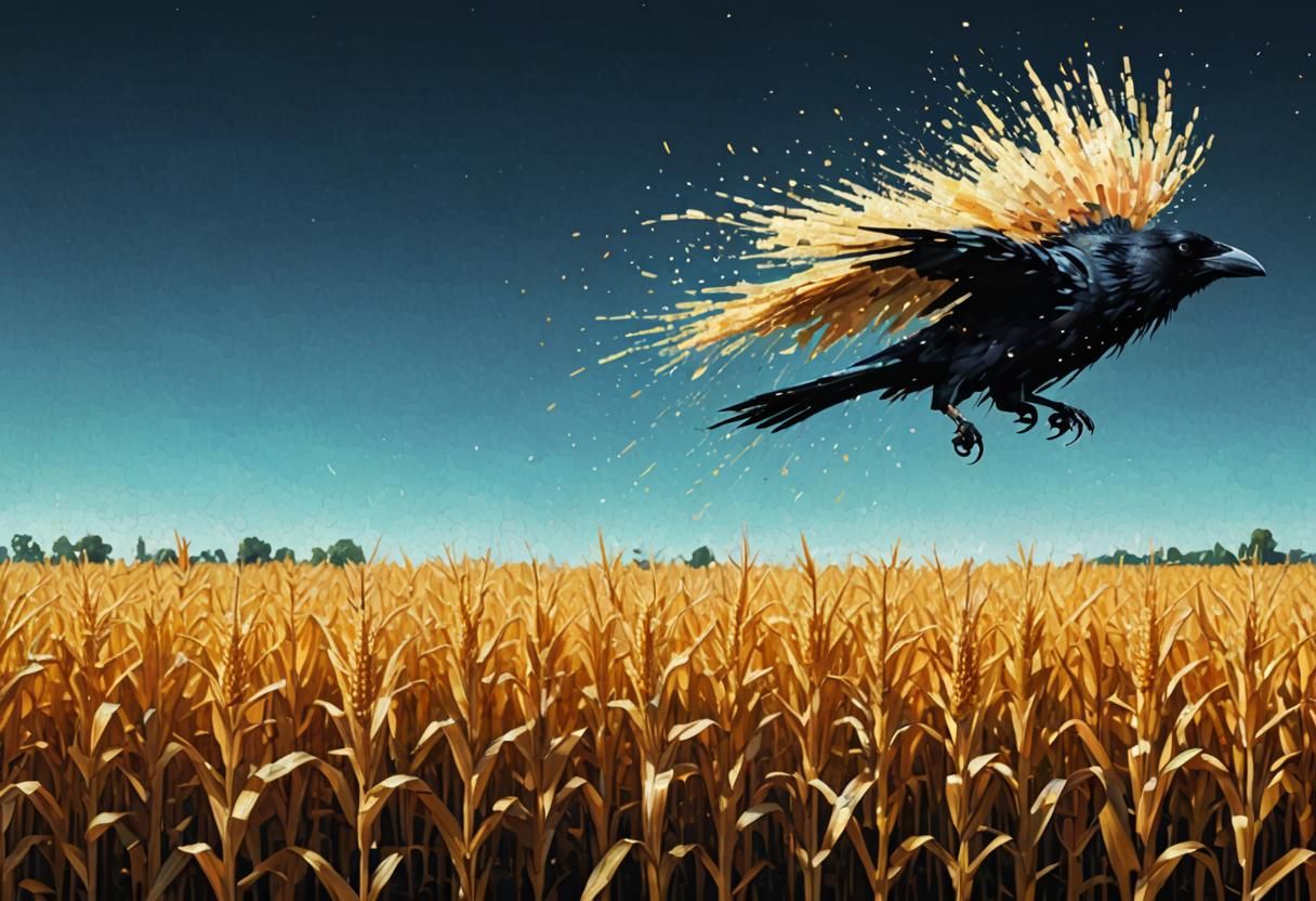 Crow in Glitchcore Cornfield Flight